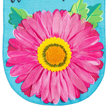 Welcome Friends Daisy Burlap Garden Flag pink daisy on blue burlap by Evergreen Enterprises on Tampa Home & Garden Store