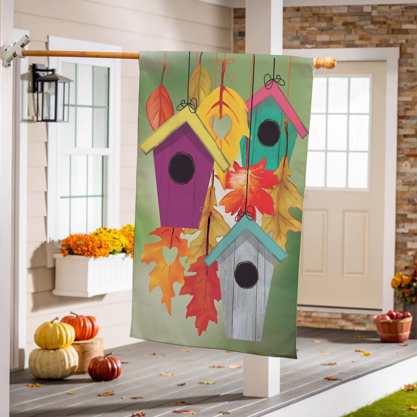 Suede flag Flock Of Bird Houses by Evergreen Enterprises, vibrant birdhouse on green suede on Tampa Home & Garden Store
