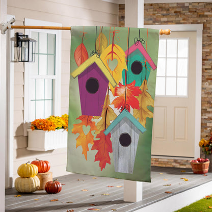 Suede flag Flock Of Bird Houses by Evergreen Enterprises, vibrant birdhouse on green suede on Tampa Home & Garden Store