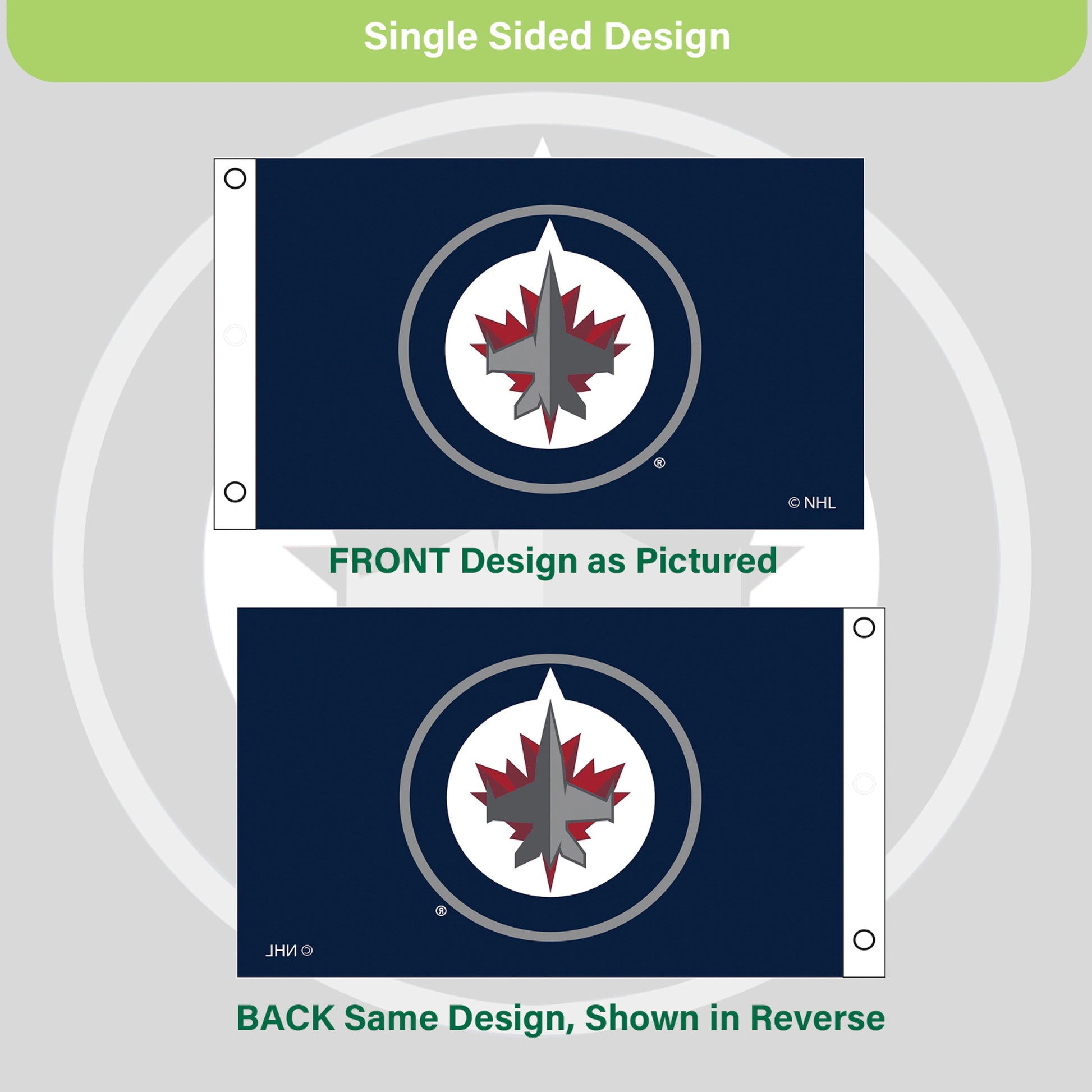 Winnipeg Jets 3x5 flag, single sided, navy field with 2 grommets, Evergreen Enterprises on Tampa Home & Garden Store