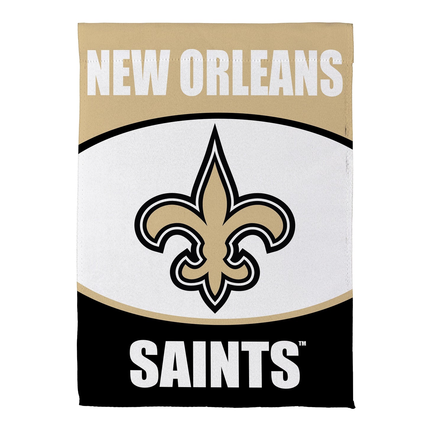 New Orleans Saints suede flag by Evergreen; beige top with white NEW ORLEANS emblem, black bottom on Tampa Home & Garden Store