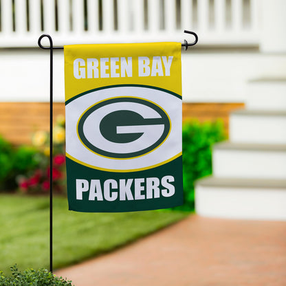 Green Bay Packers suede garden flag with yellow background, white GREEN BAY text, green G logo on Tampa Home & Garden Store