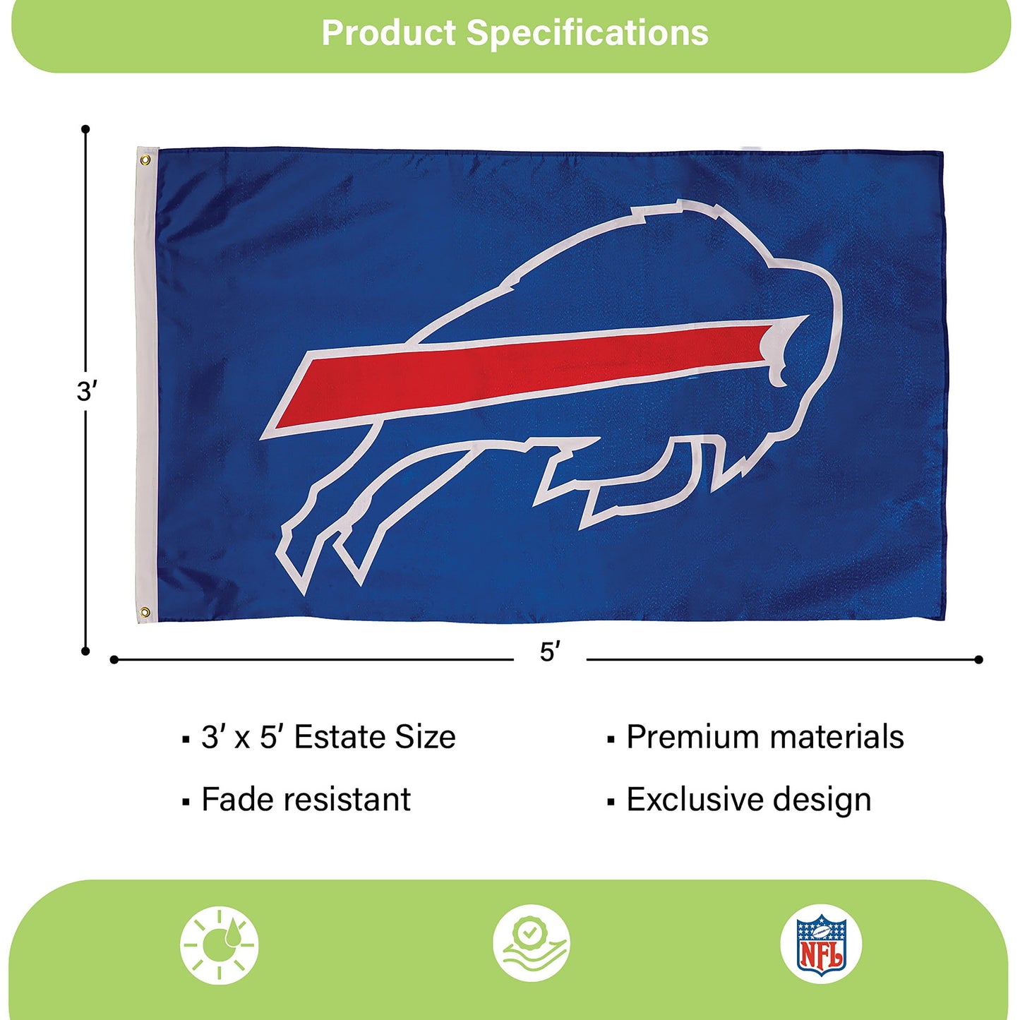 Buffalo Bills 3x5 single-sided flag with 2 grommets, sublimated by Evergreen Enterprises on Tampa Home & Garden Store
