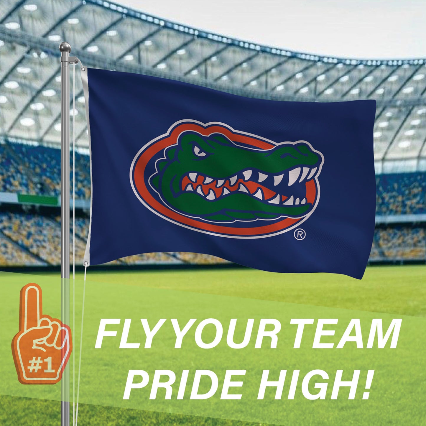 University of Florida flag 3x5 single-sided sublimated blue with 2 grommets on metal pole on Tampa Home & Garden Store