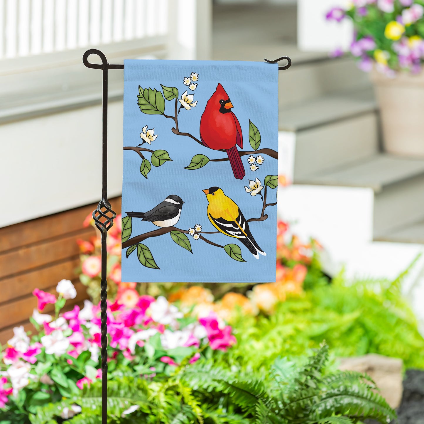 Cardinal and Friends Burlap Garden Flag blue background with red cardinal on branch on Tampa Home & Garden Store