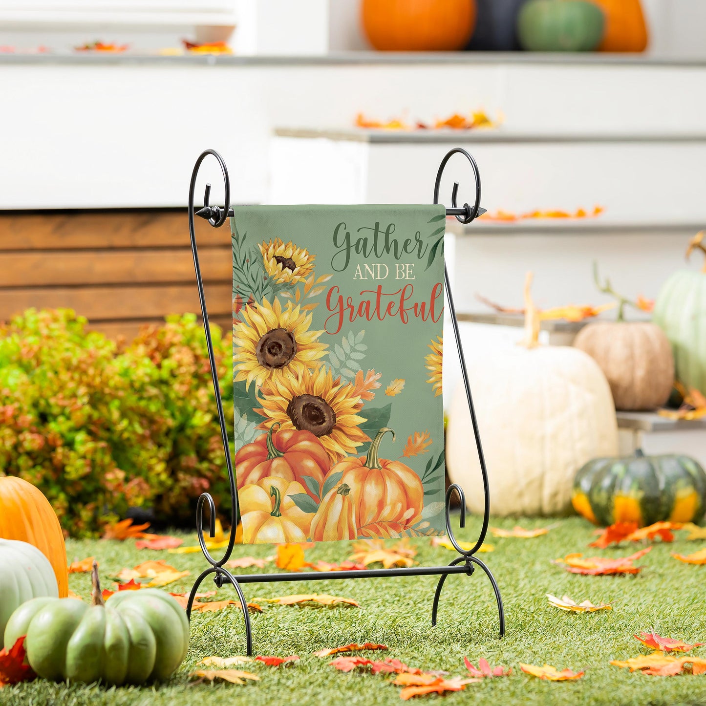 Grateful Gatherings Suede Garden Flag in green with sunflower art by Evergreen Enterprises on Tampa Home & Garden Store