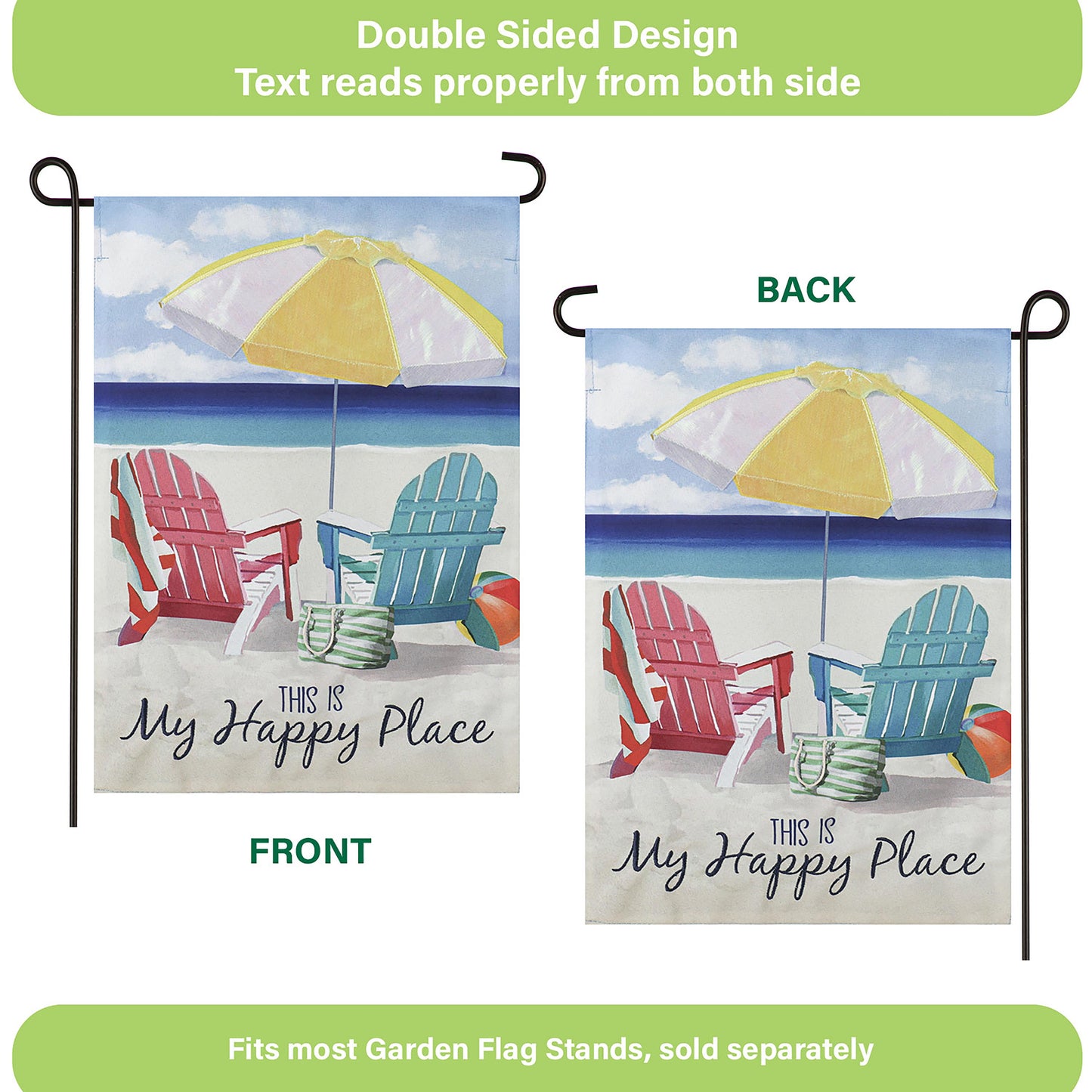 Colorful Chairs Garden Linen Flag beach scene with yellow umbrellas and Adirondack chairs on Tampa Home & Garden Store