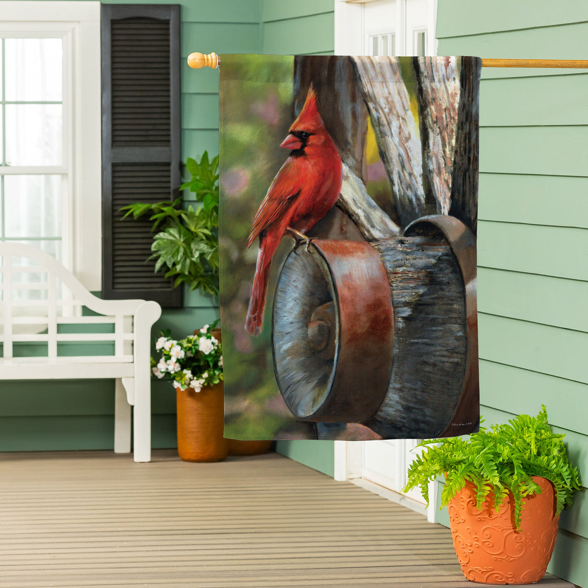 Wagon Wheel Suede House Flag cardinal on tree artwork by Evergreen Enterprises on Tampa Home & Garden Store