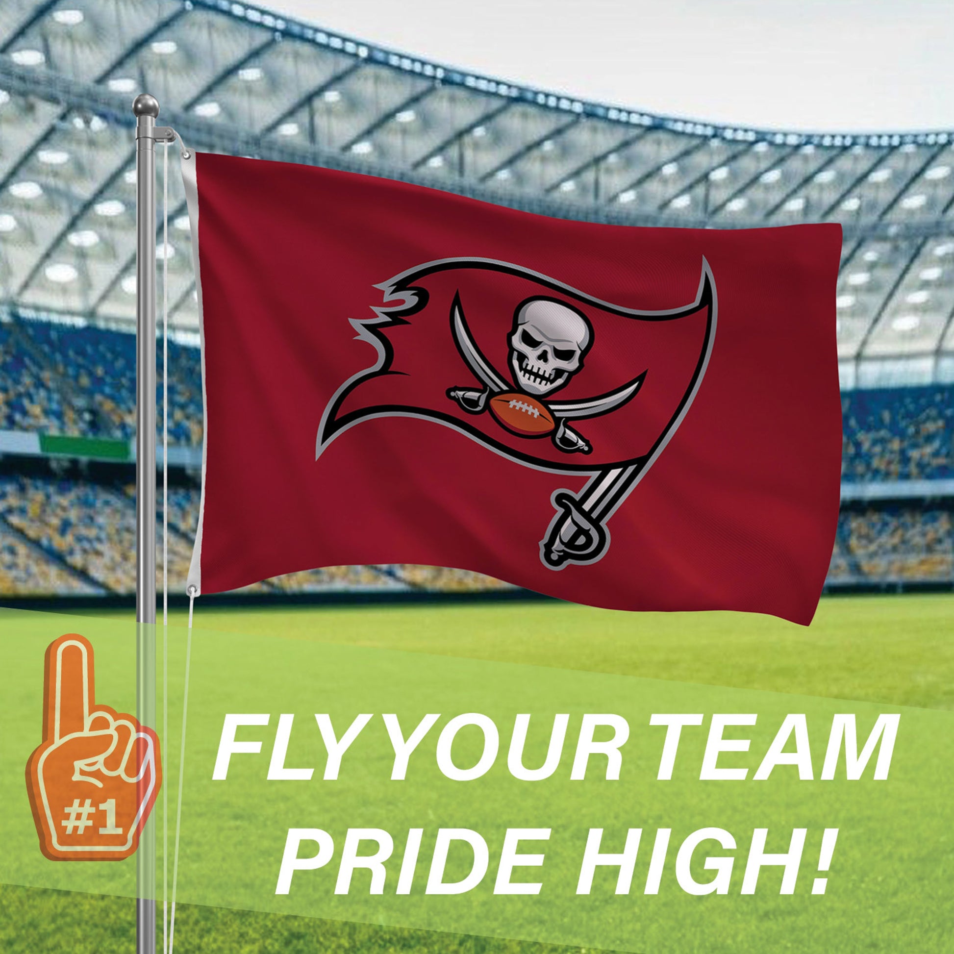 Tampa Bay Buccaneers flag, red single-sided sublimated 3x5 with skull logo, 2 grommets on Tampa Home & Garden Store