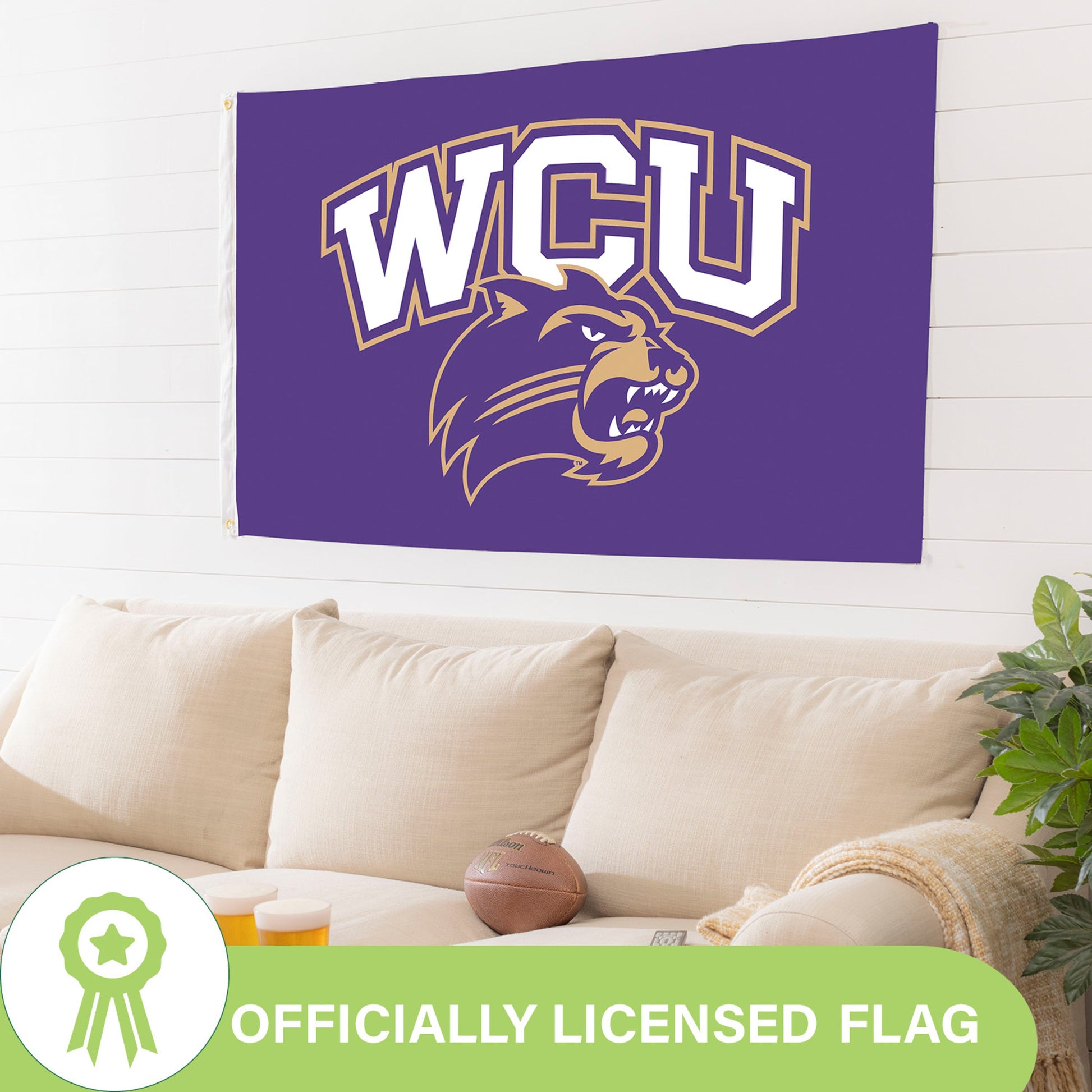 WCU flag 3x5 purple sublimated flag with white/gold logo 2 grommets Evergreen Enterprises on Tampa Home & Garden Store