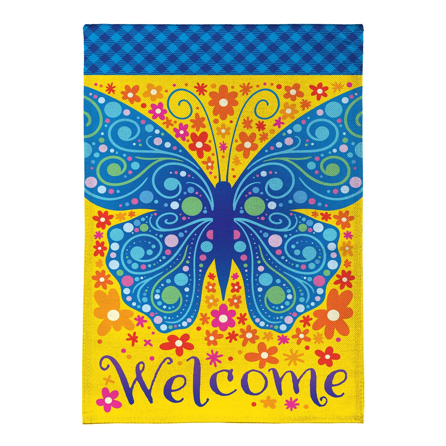 Burlap garden flag Welcome Mosaic Blue Butterfly with butterfly motif and yellow border on Tampa Home & Garden Store