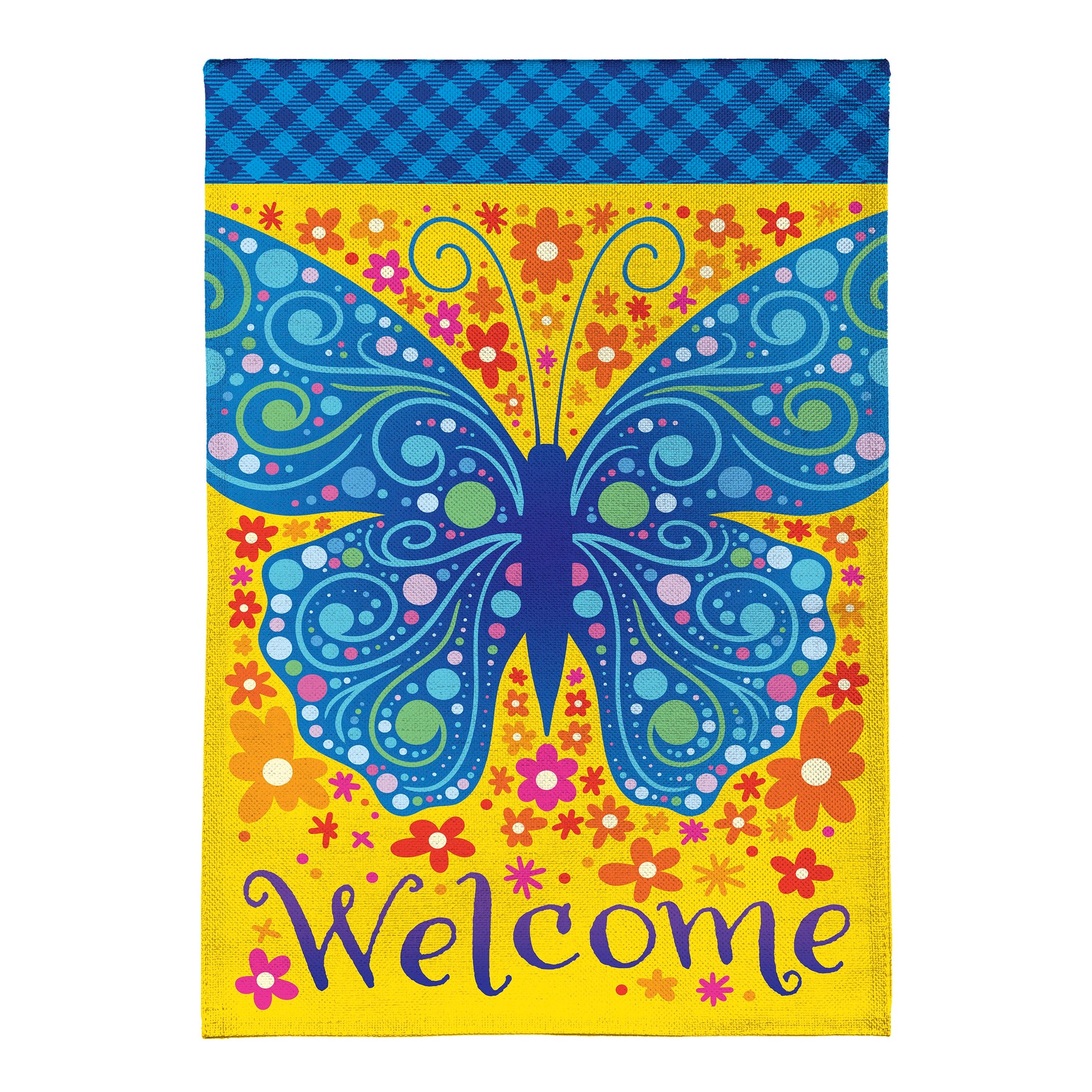 Burlap garden flag Welcome Mosaic Blue Butterfly with butterfly motif and yellow border on Tampa Home & Garden Store