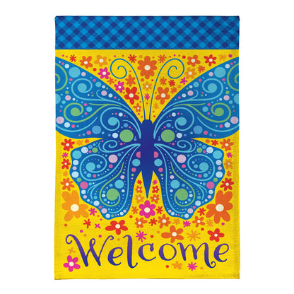 Burlap garden flag Welcome Mosaic Blue Butterfly with butterfly motif and yellow border on Tampa Home & Garden Store