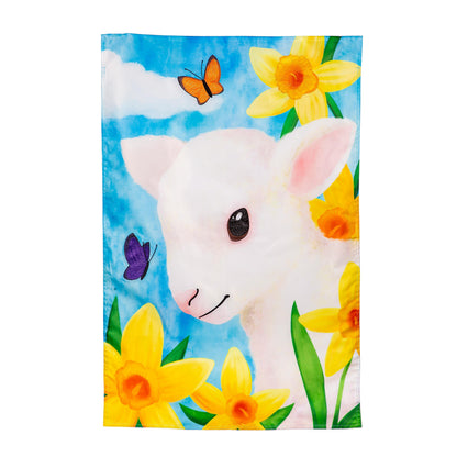 Lamb in Daffodil Field Applique House Flag by Evergreen Enterprises with blue sky daffodils on Tampa Home & Garden Store