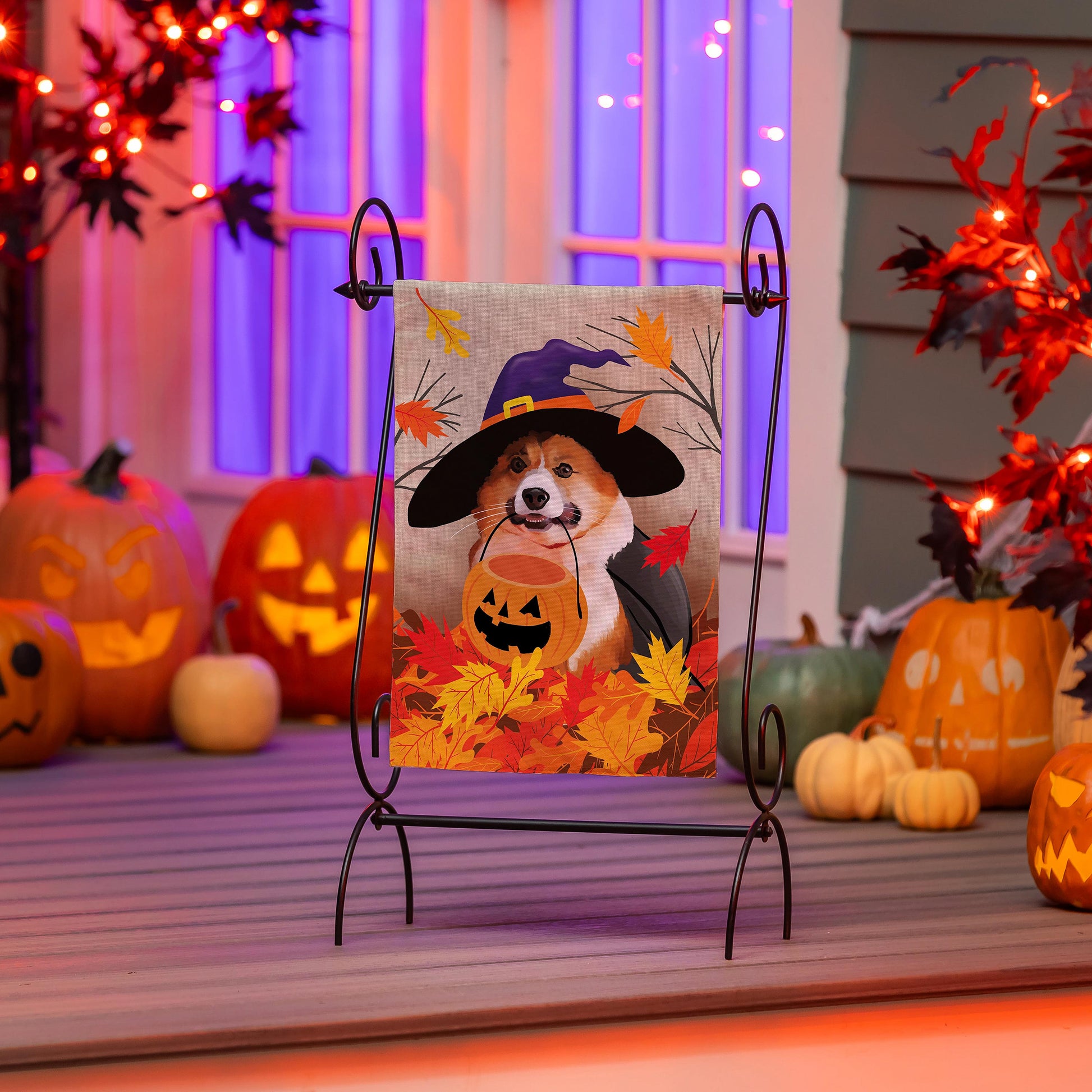Corgi Fall Suede Garden Flag beige dog-themed flag on metal stand by Evergreen Enterprises on Tampa Home & Garden Store