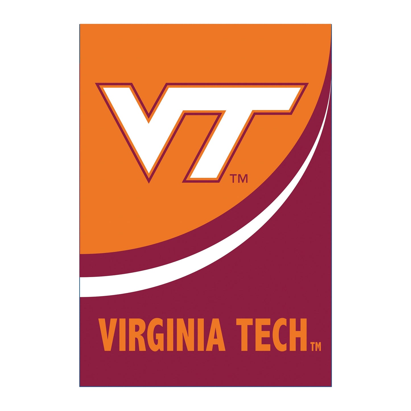 Burlap flag Virginia Tech, orange field with white VT letters outlined in maroon Windsocks on Tampa Home & Garden Store