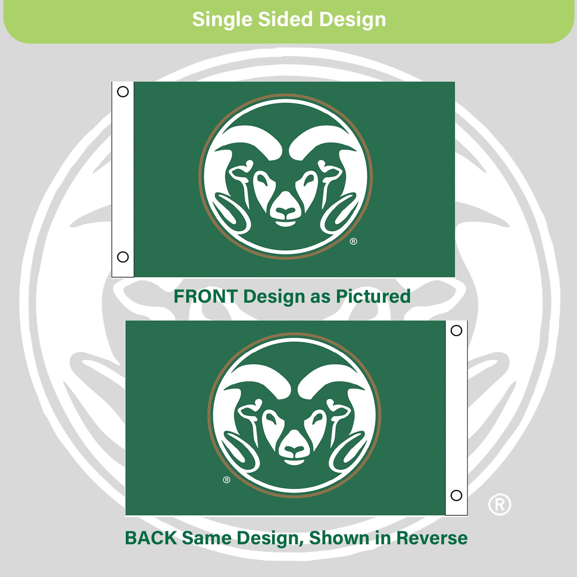 Colorado State Single-Sided Flag, green with white ram head emblem, 3x5, 2 grommets on Tampa Home & Garden Store