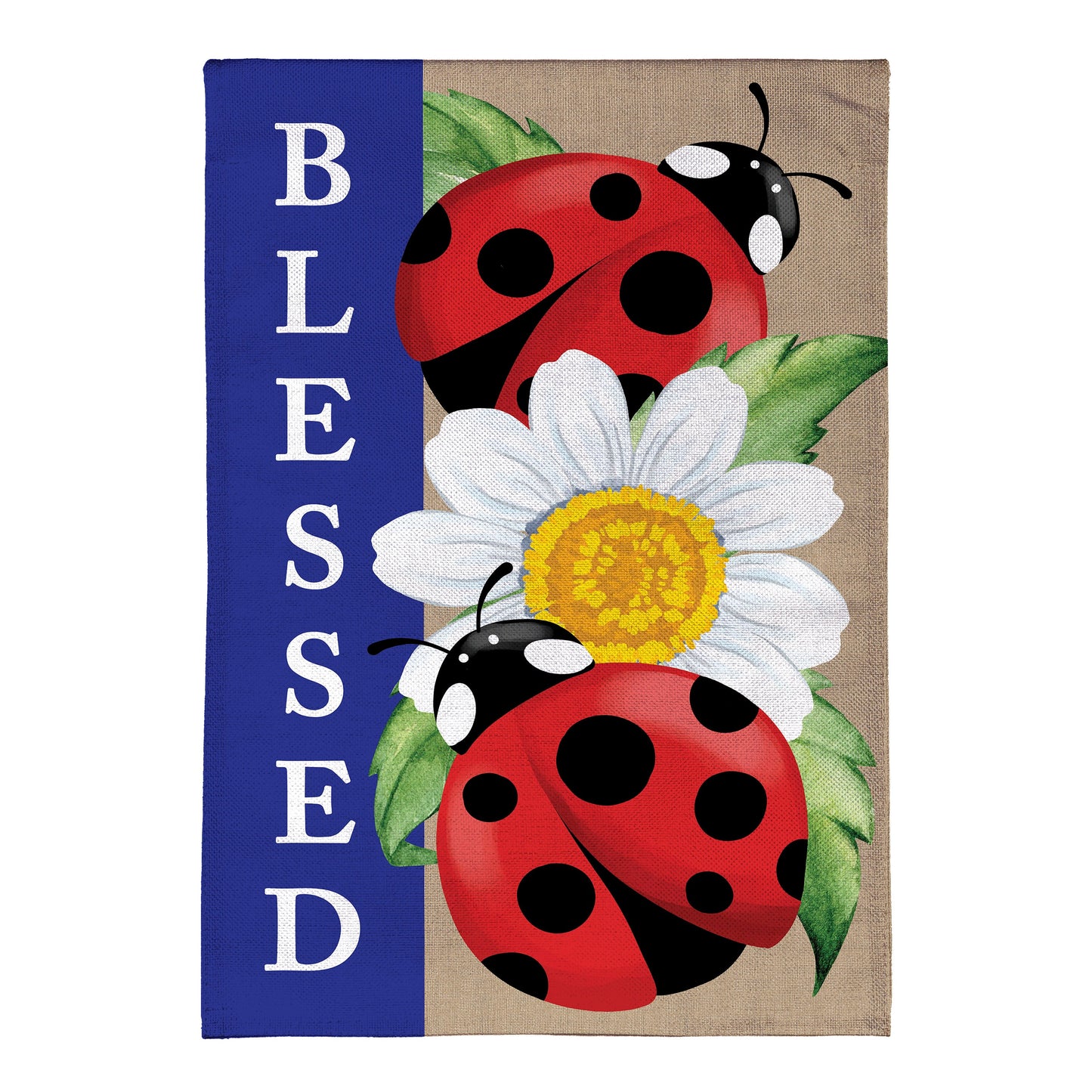 Welcoming Ladybugs burlap garden flag blue panel with red black-spotted ladybug and flowers on Tampa Home & Garden Store