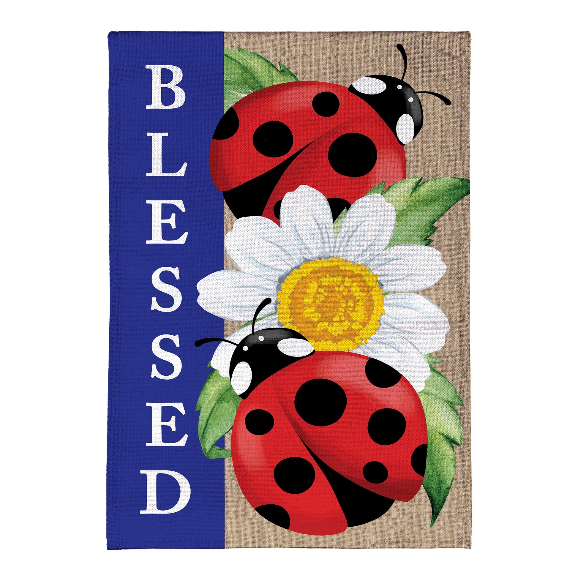 Welcoming Ladybugs burlap garden flag blue panel with red black-spotted ladybug and flowers on Tampa Home & Garden Store