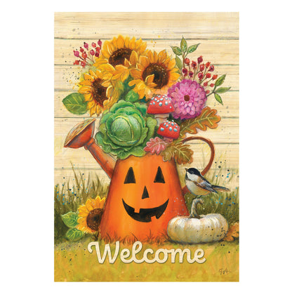 Halloween Watering Can Suede Garden Flag pumpkin bouquet of sunflowers and blooms on wood Welcome on Tampa Home & Garden Store