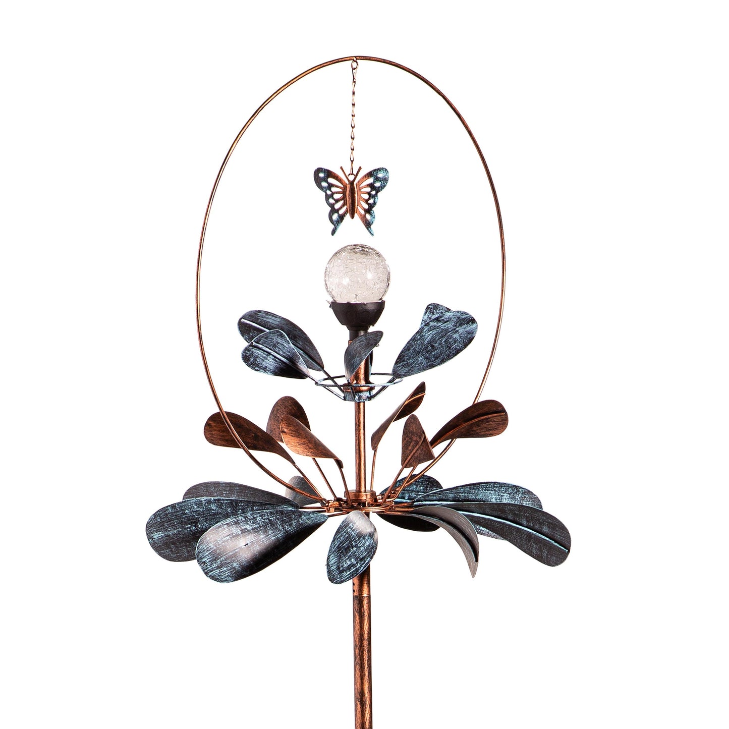 Solar Wind Spinner Sphere Flower 87in with butterfly and crackled orb Evergreen Enterprises on Tampa Home & Garden Store