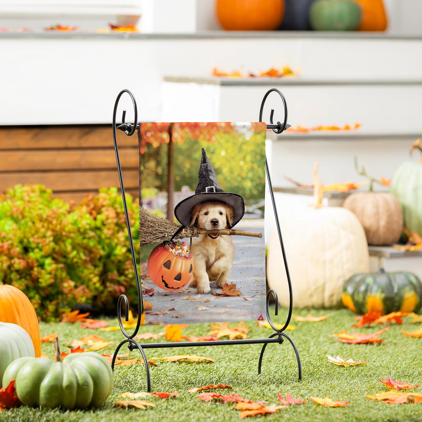 Goldens With Broom Suede Garden Flag featuring golden retriever in witch hat autumn motif on Tampa Home & Garden Store