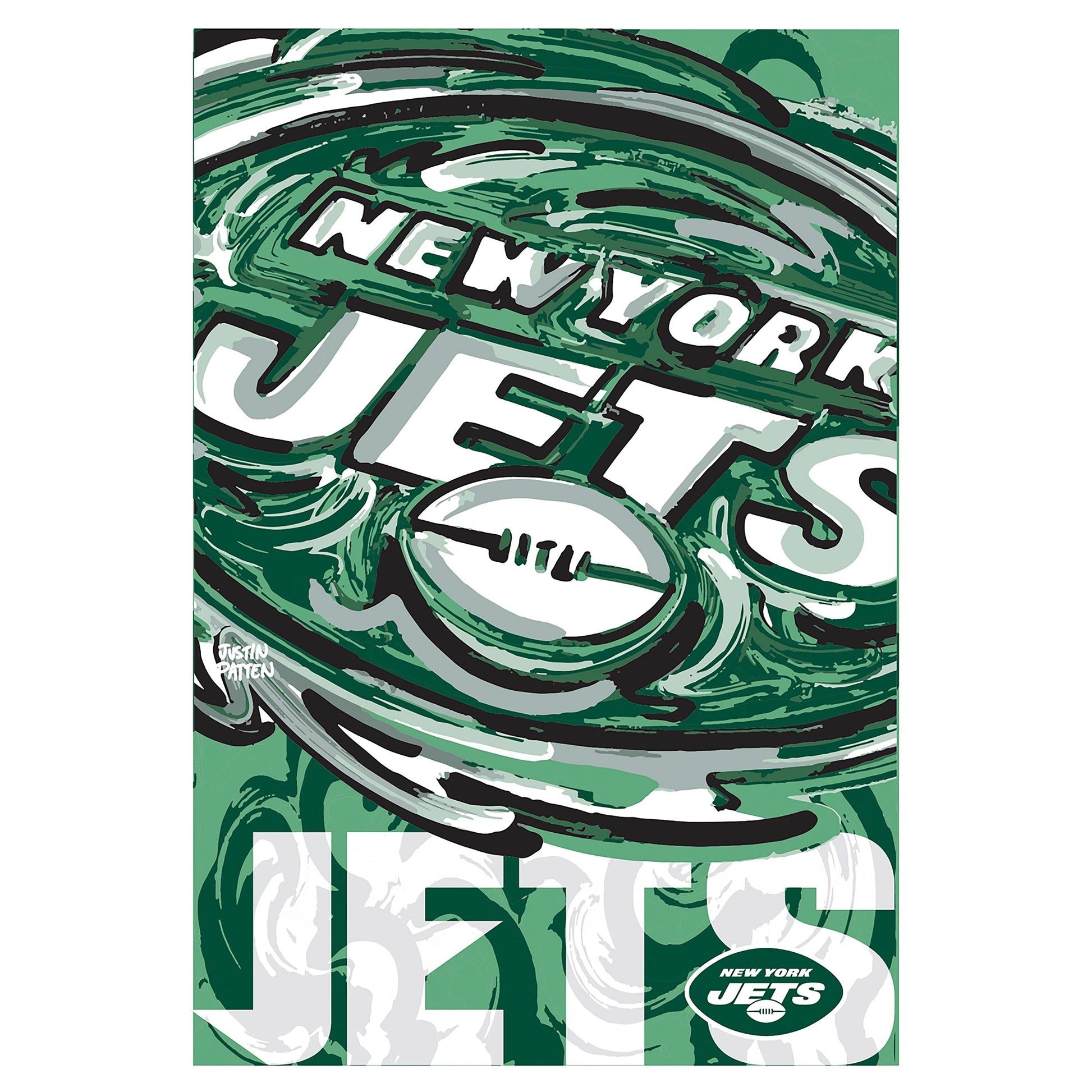 Suede flag New York Jets artwork by Justin Patten in green abstract design Evergreen on Tampa Home & Garden Store