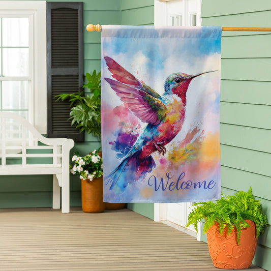 Bandera de casa de gamuza con diseño de colibrí en acuarela