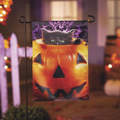 Kitten in Jack O'Lantern Pumpkin Bucket Lustre Garden Flag, orange pumpkin on purple damask on Tampa Home & Garden Store