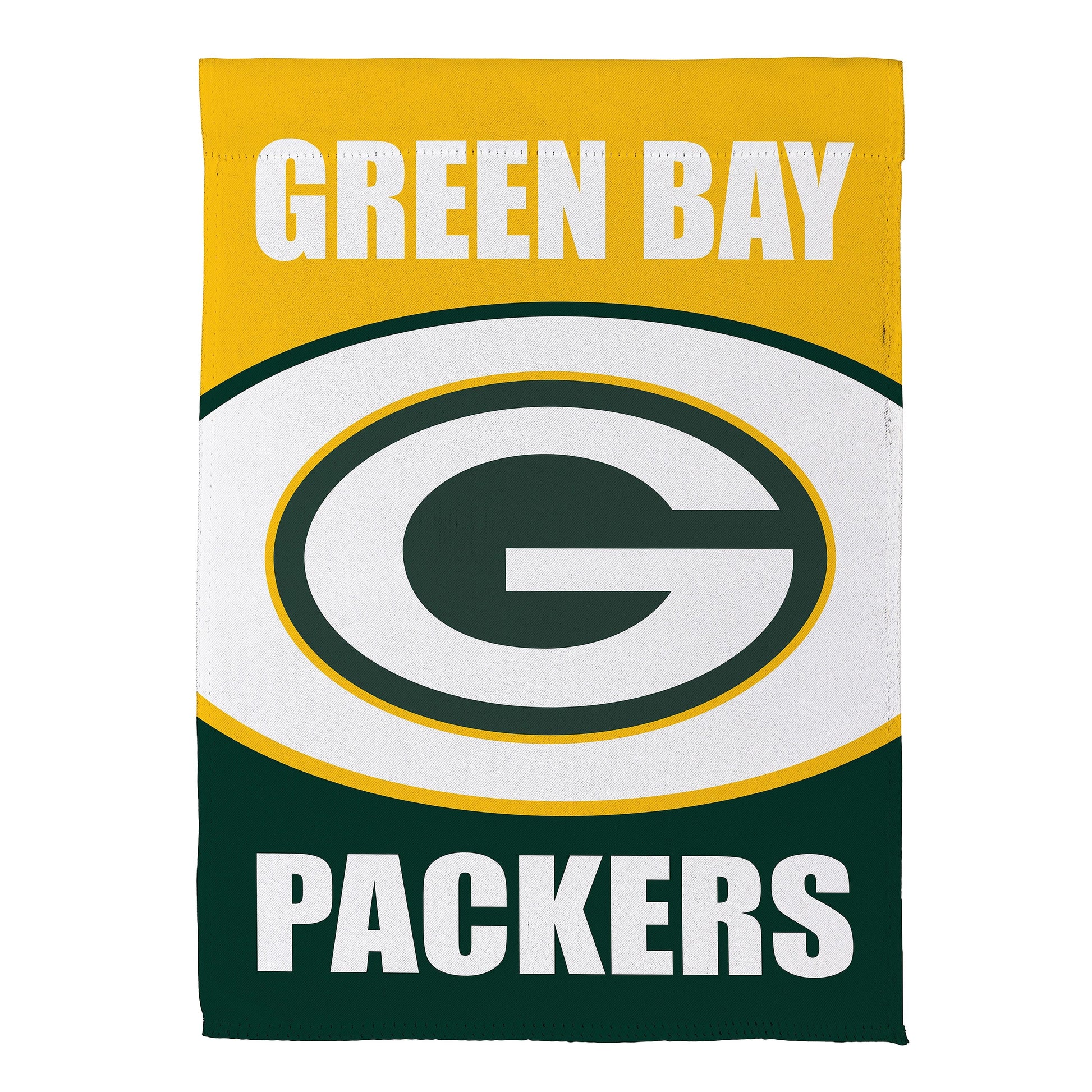 Suede garden flag Green Bay Packers with circular G logo in green, yellow and white by Evergreen on Tampa Home & Garden Store