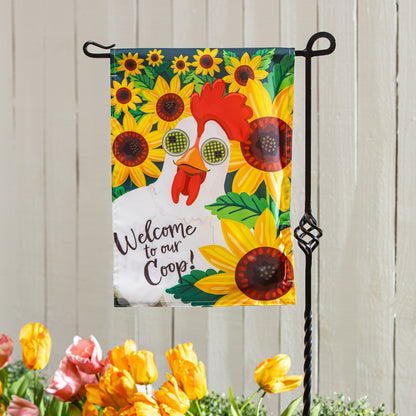 Animated Welcome To Our Coop applique garden flag with bright sunflowers and bold colors on Tampa Home & Garden Store