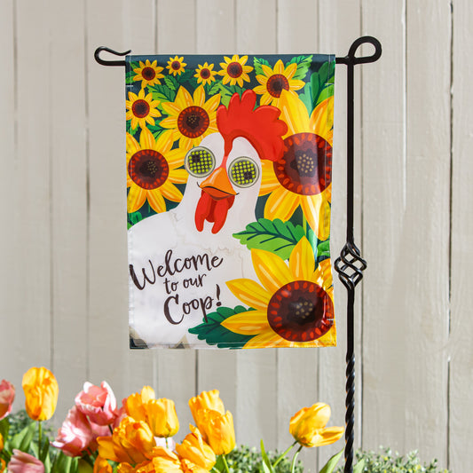 Animated Welcome To Our Coop applique garden flag with bright sunflowers and bold colors on Tampa Home & Garden Store
