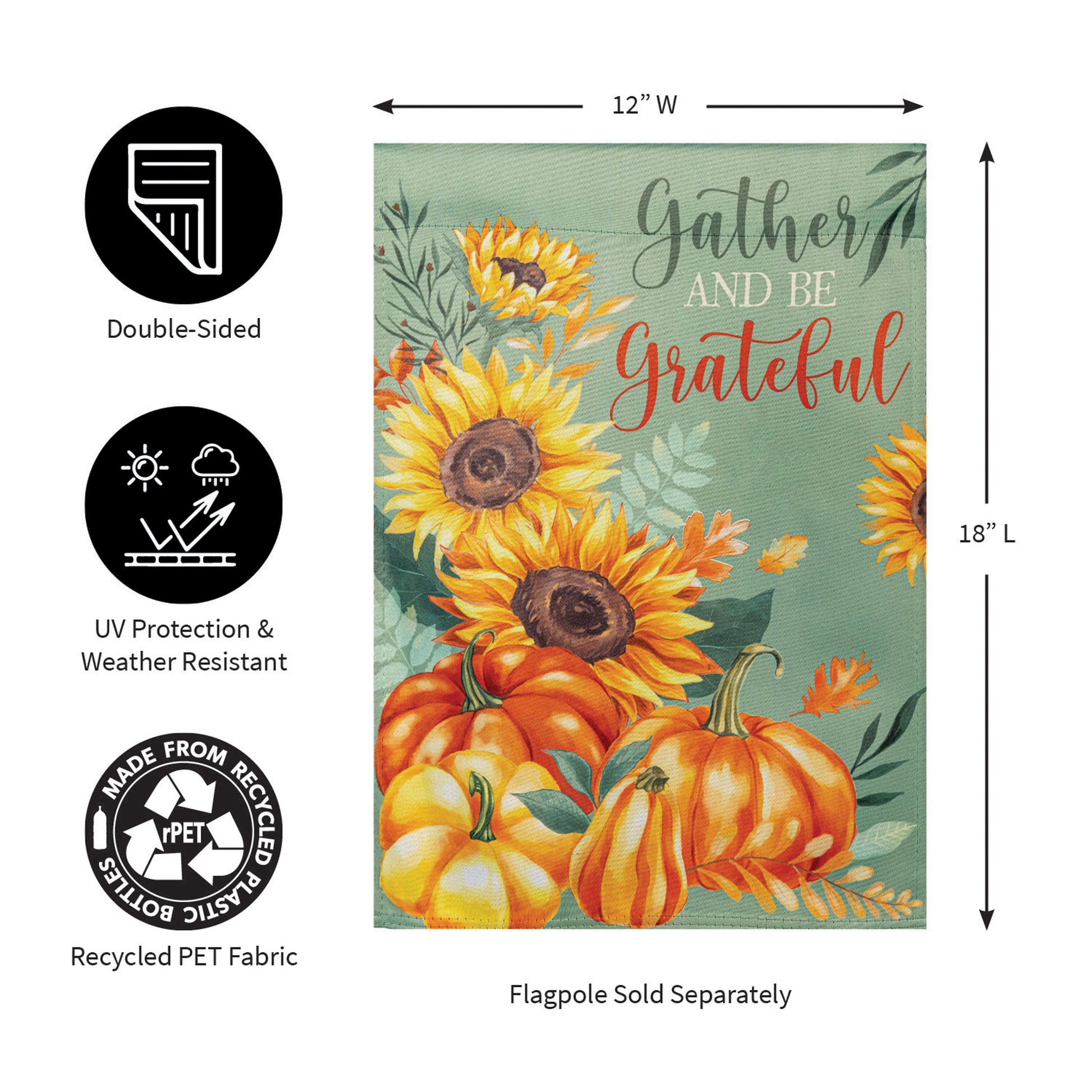 Grateful Gatherings Suede Garden Flag sunflower motif on green suede by Evergreen Enterprises on Tampa Home & Garden Store