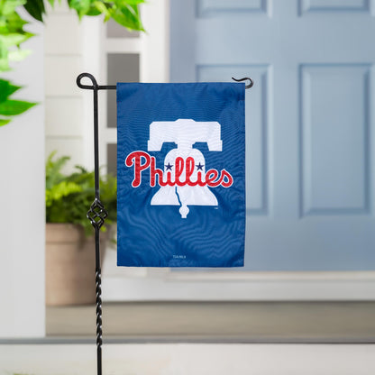 Philadelphia Phillies appliqué garden flag on blue background with red and white script logo on Tampa Home & Garden Store