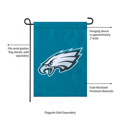 Philadelphia Eagles applique garden flag on teal background with eagle logo; 2-inch sleeve on Tampa Home & Garden Store