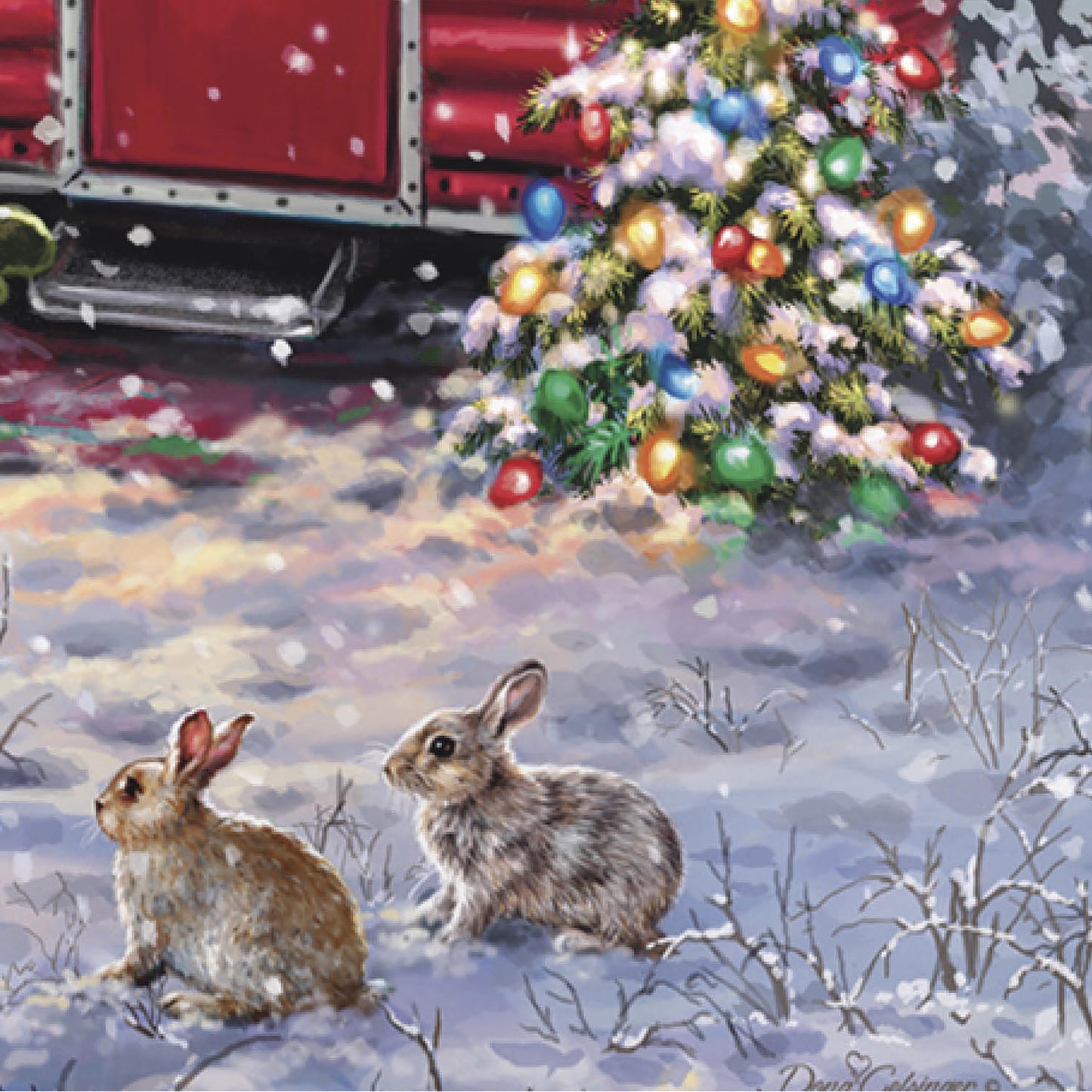 Christmas Camper Lustre Garden Flag with red camper, festive wreath, and rabbits in snowy scene on Tampa Home & Garden Store