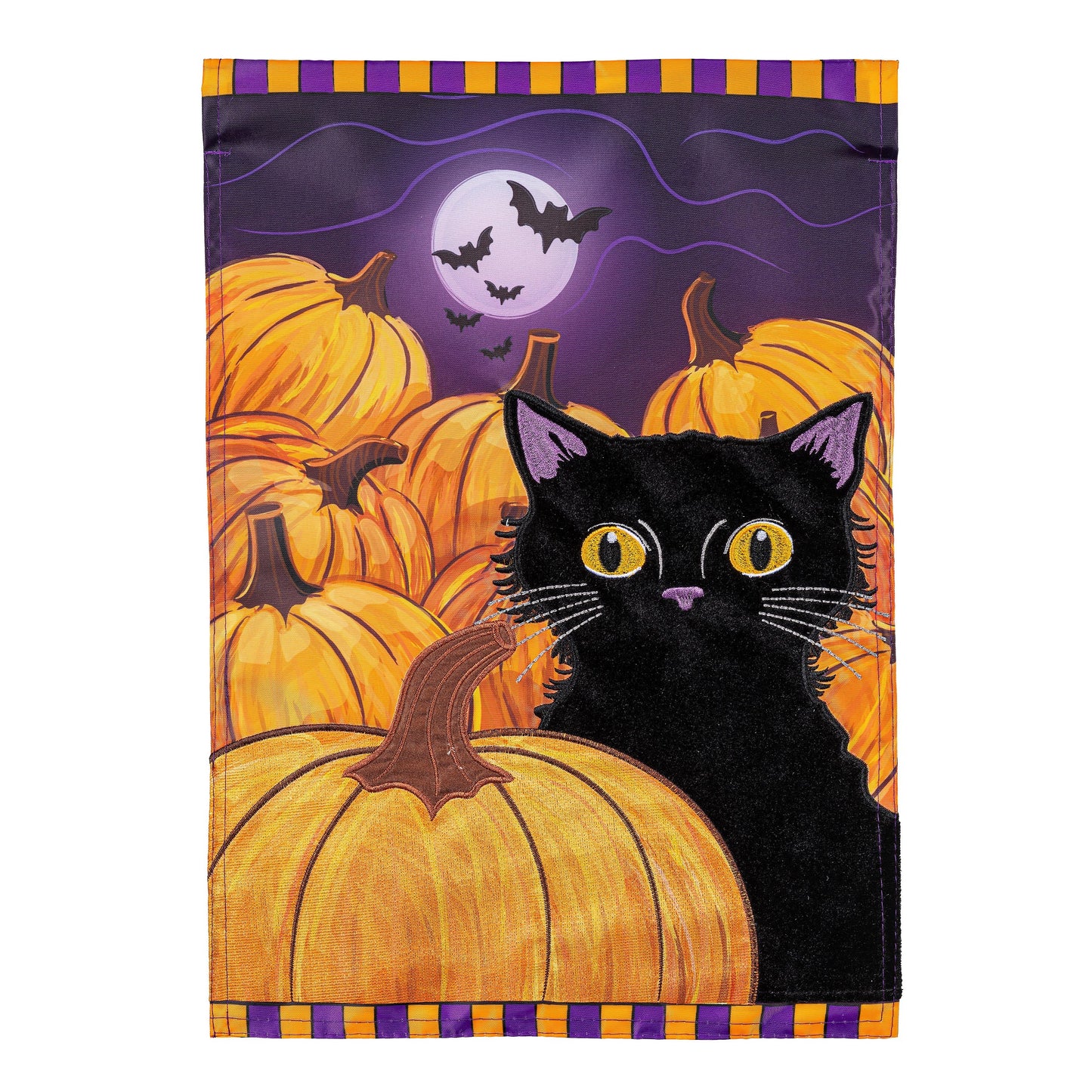 Pumpkin Patch Cat applique flag with orange pumpkins on purple night Evergreen Enterprises on Tampa Home & Garden Store