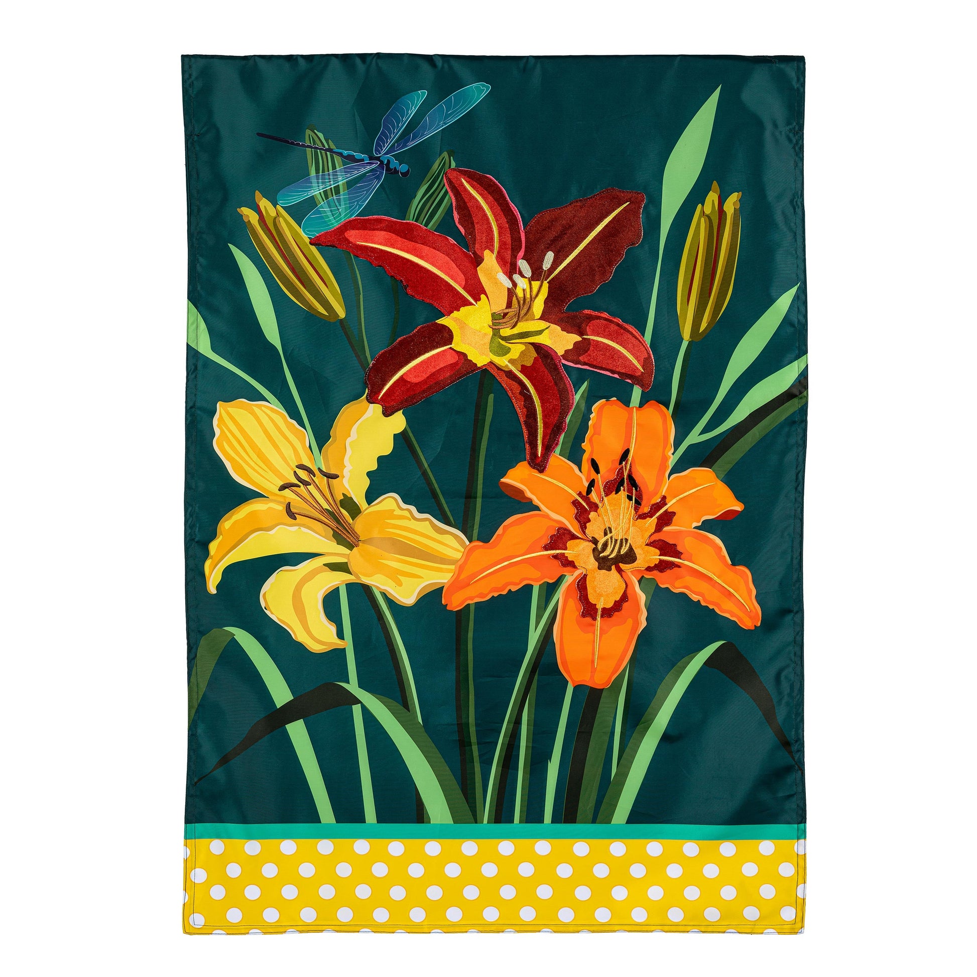 Daylilies Applique House Flag teal background with orange blooms trim Evergreen Enterprises on Tampa Home & Garden Store