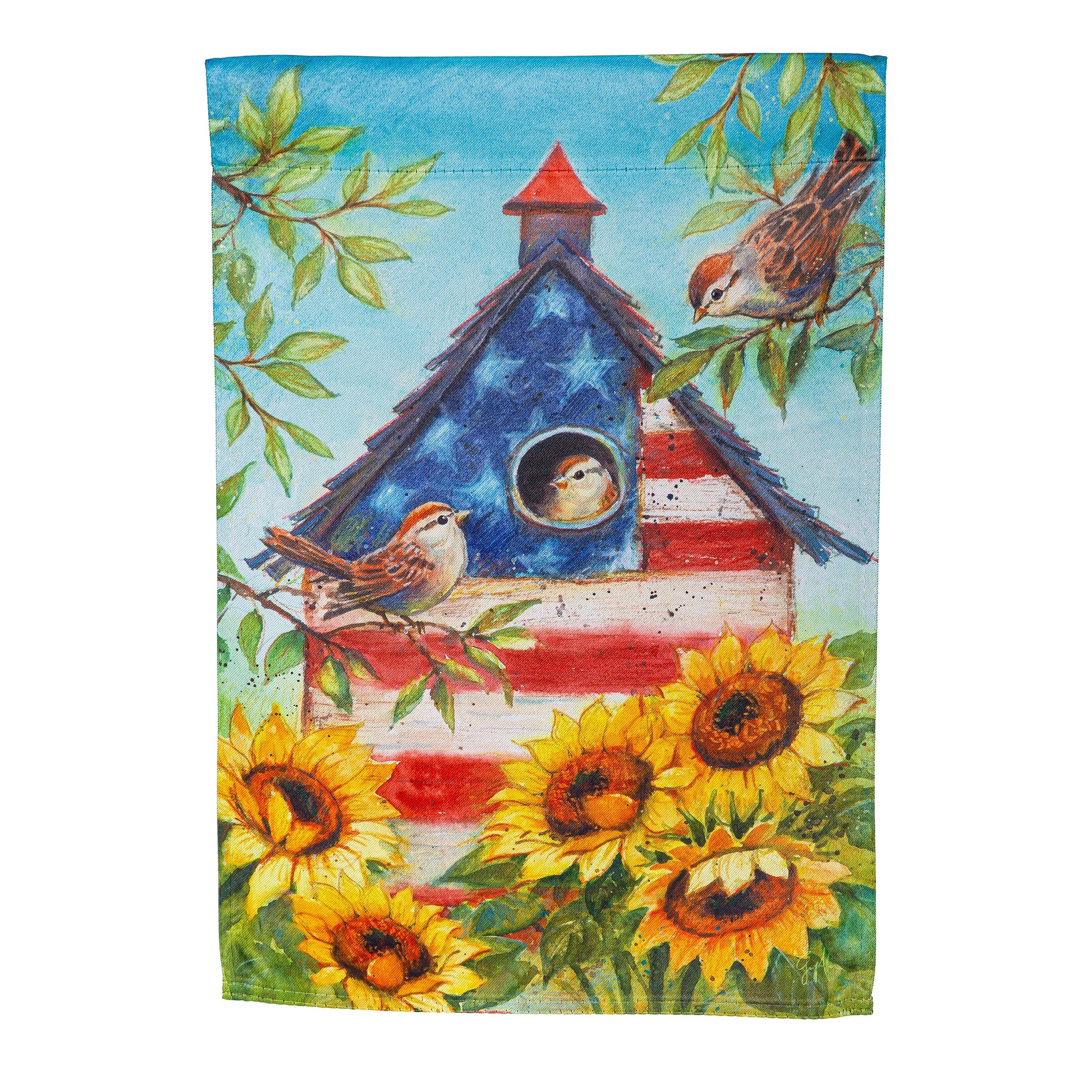 Stars and Sparrows Suede Garden Flag blue sky birdhouse sunflowers Evergreen Enterprises on Tampa Home & Garden Store