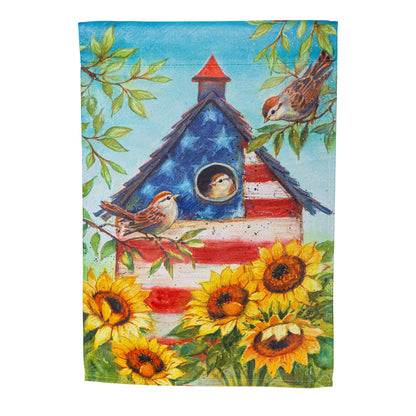 Stars and Sparrows Suede Garden Flag blue sky birdhouse sunflowers Evergreen Enterprises on Tampa Home & Garden Store