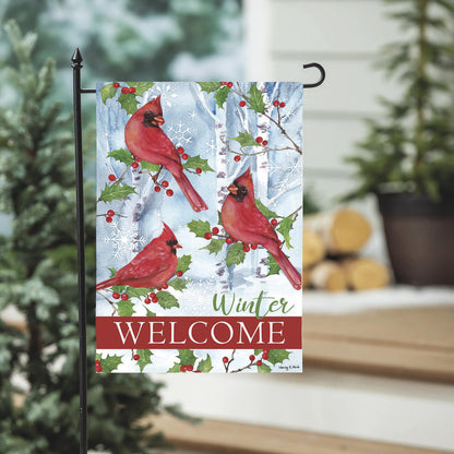 Winter Visit Suede Garden Flag by Evergreen Enterprises, cardinal on holly on Tampa Home & Garden Store