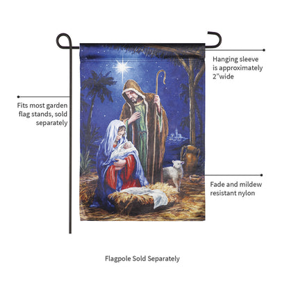 Holy Night Nativity Lustre Flag depicting Mary, Joseph and baby Jesus under a blue night on Tampa Home & Garden Store