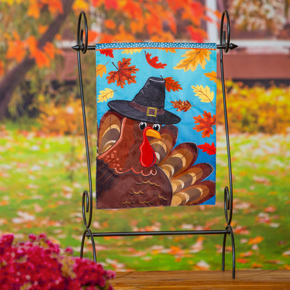 Turkey Time Applique Garden Flag blue autumn leaves with pilgrim turkey on Tampa Home & Garden Store