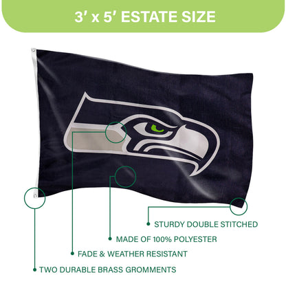 Seattle Seahawks navy estate flag, single sided sublimated 3x5 ft, 2 brass grommets on Tampa Home & Garden Store
