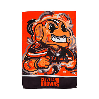 Cleveland Browns suede flag with orange background, cartoon mascot and Browns text at bottom on Tampa Home & Garden Store