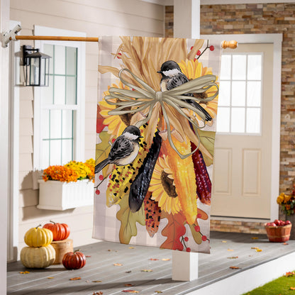 Ornamental Corn Burlap House Flag burlap flag with corn stalks and birds in autumn colors on Tampa Home & Garden Store
