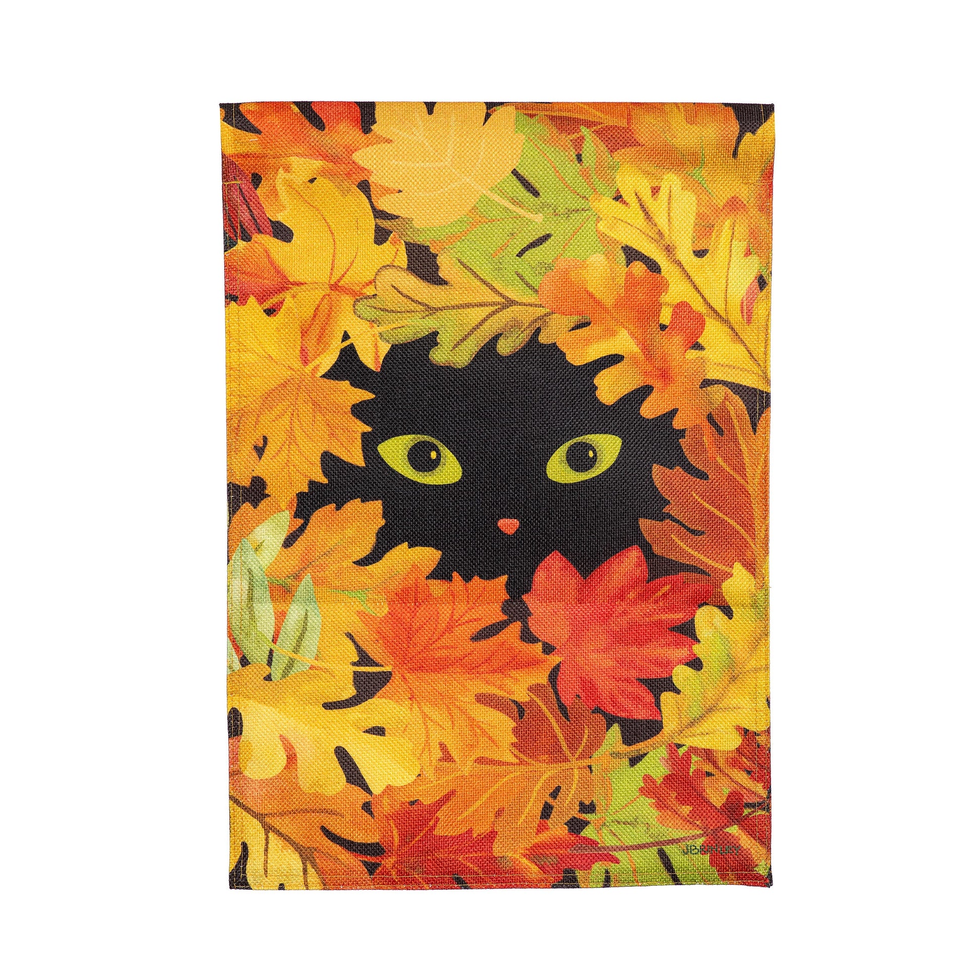 Peekaboo Cat Burlap Garden Flag by Evergreen Enterprises, leaf motif with peeking cat eyes on Tampa Home & Garden Store