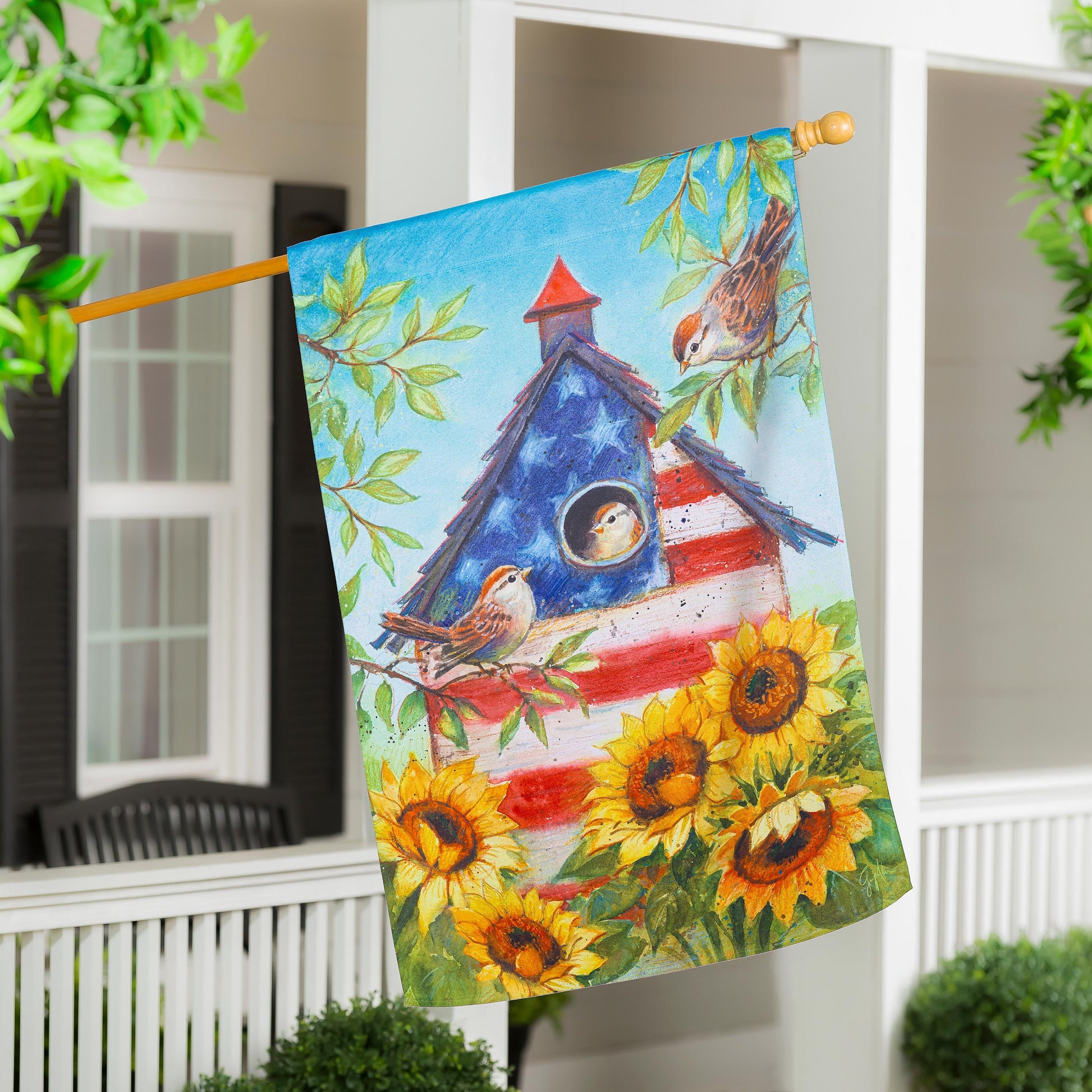 Stars and Sparrows Suede House Flag, birds design on suede fabric by Evergreen Enterprises on Tampa Home & Garden Store