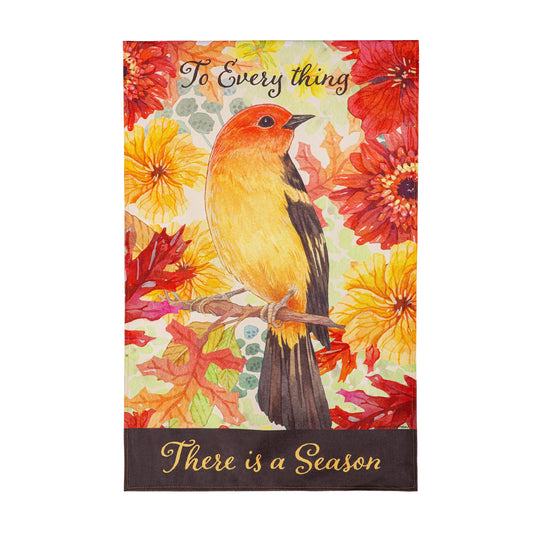 Bird burlap house flag with vibrant autumn floral background and orange cardinal on Tampa Home & Garden Store