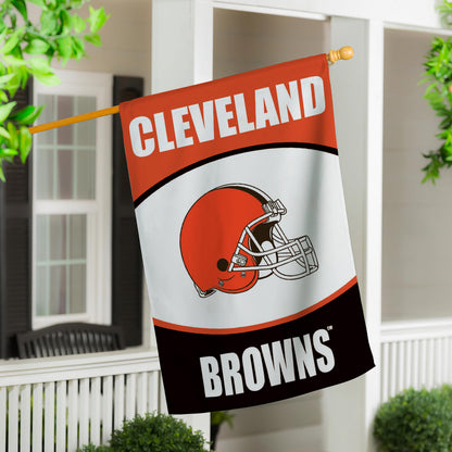 Cleveland Browns suede house flag with orange white helmet graphic hanging on porch on Tampa Home & Garden Store